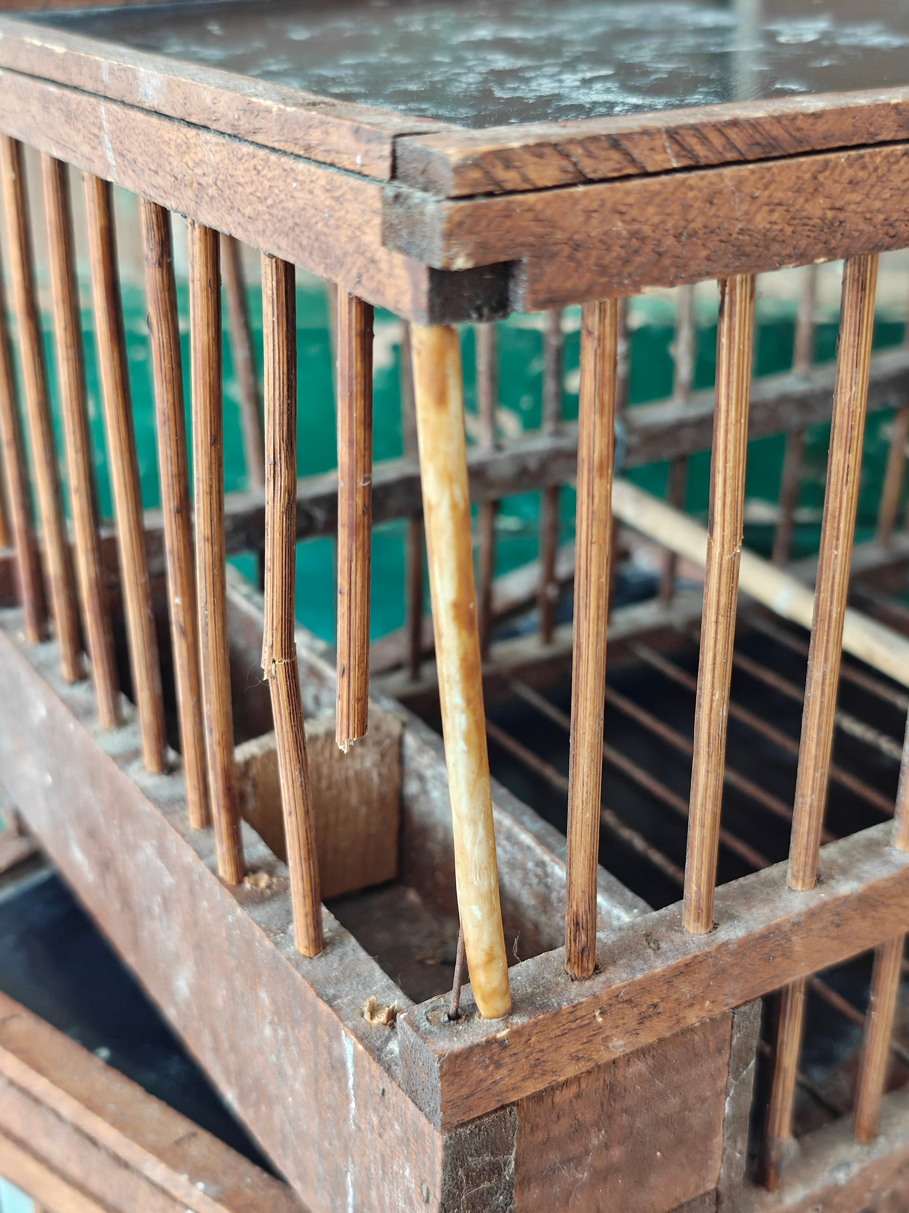 Close-up of a wooden birdcage 