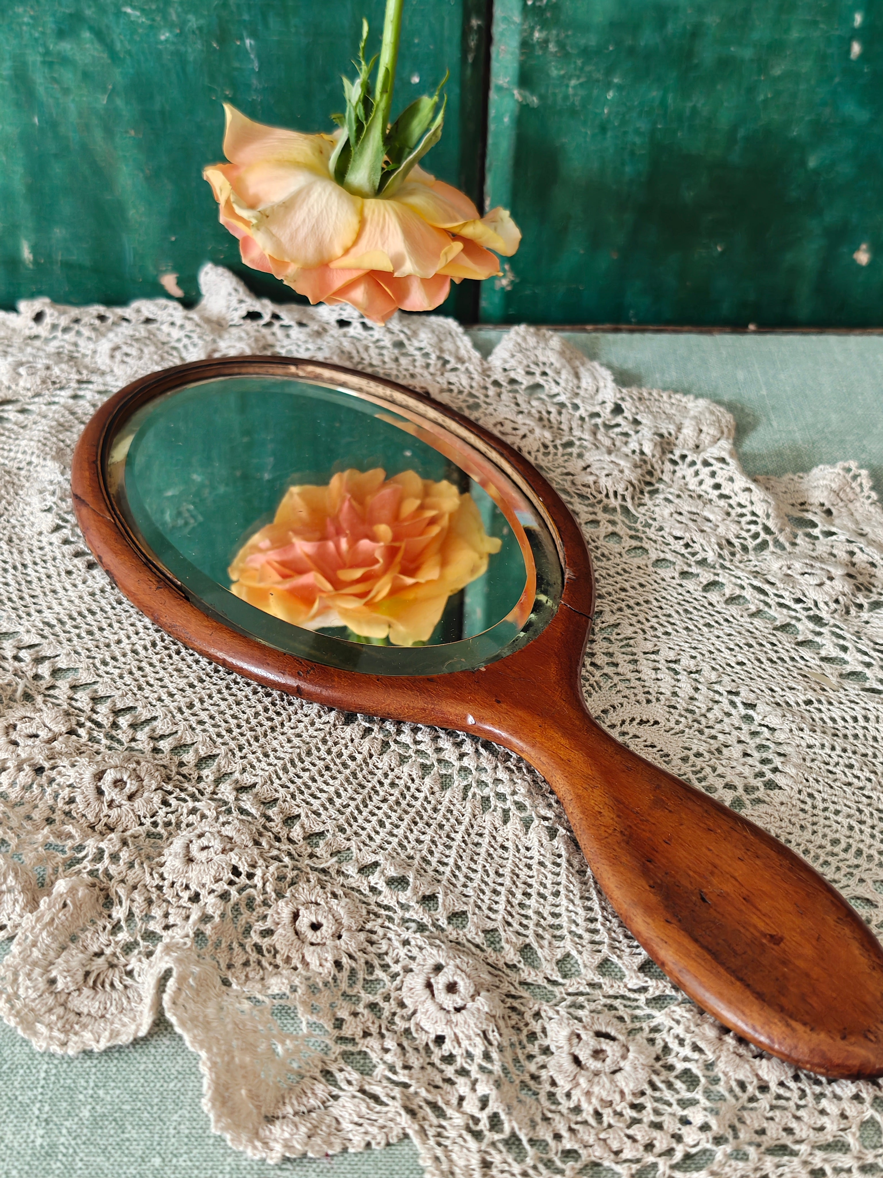 antique wooden oval hand mirror 