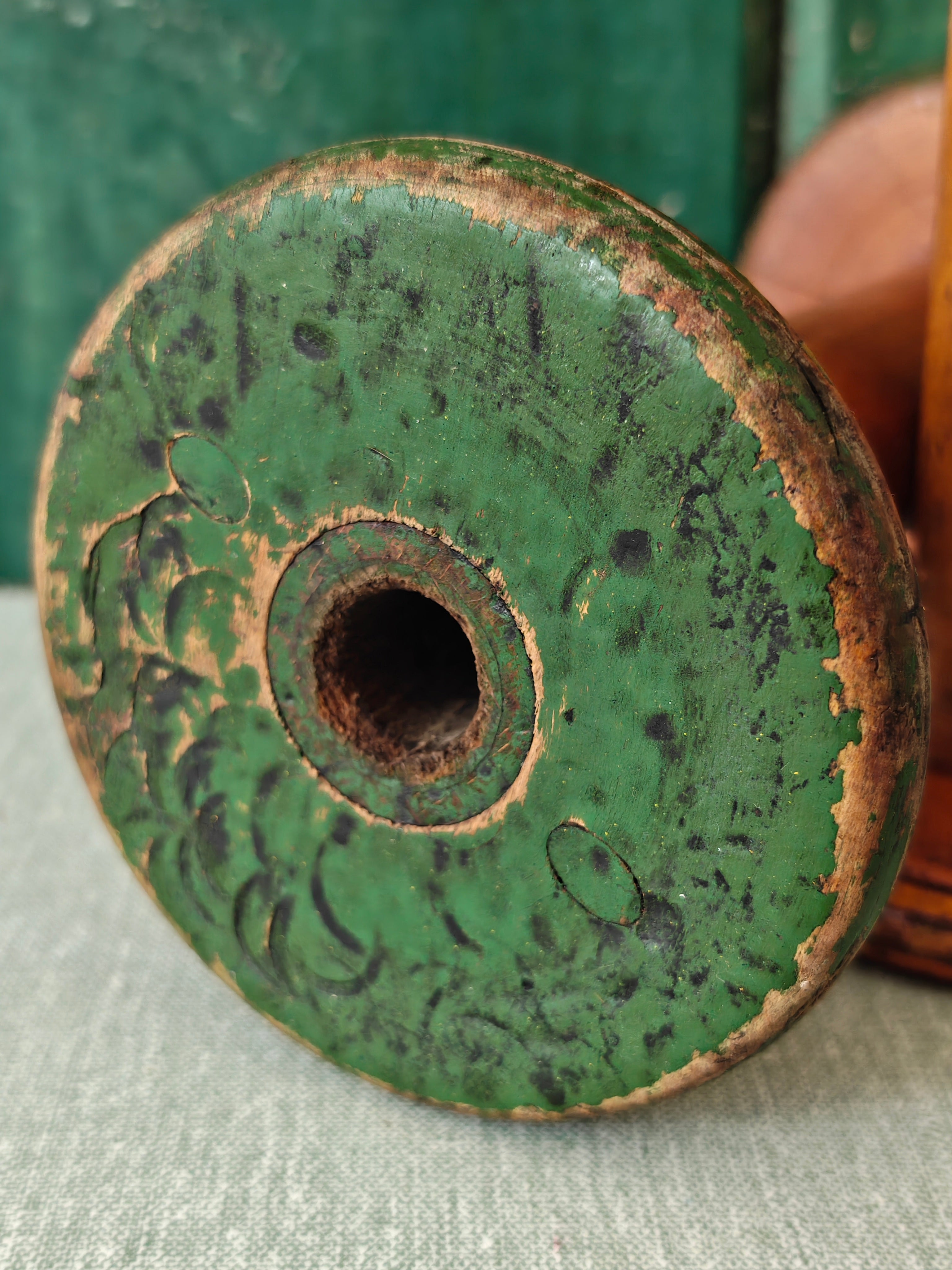 Close-up of the end of a wooden spool