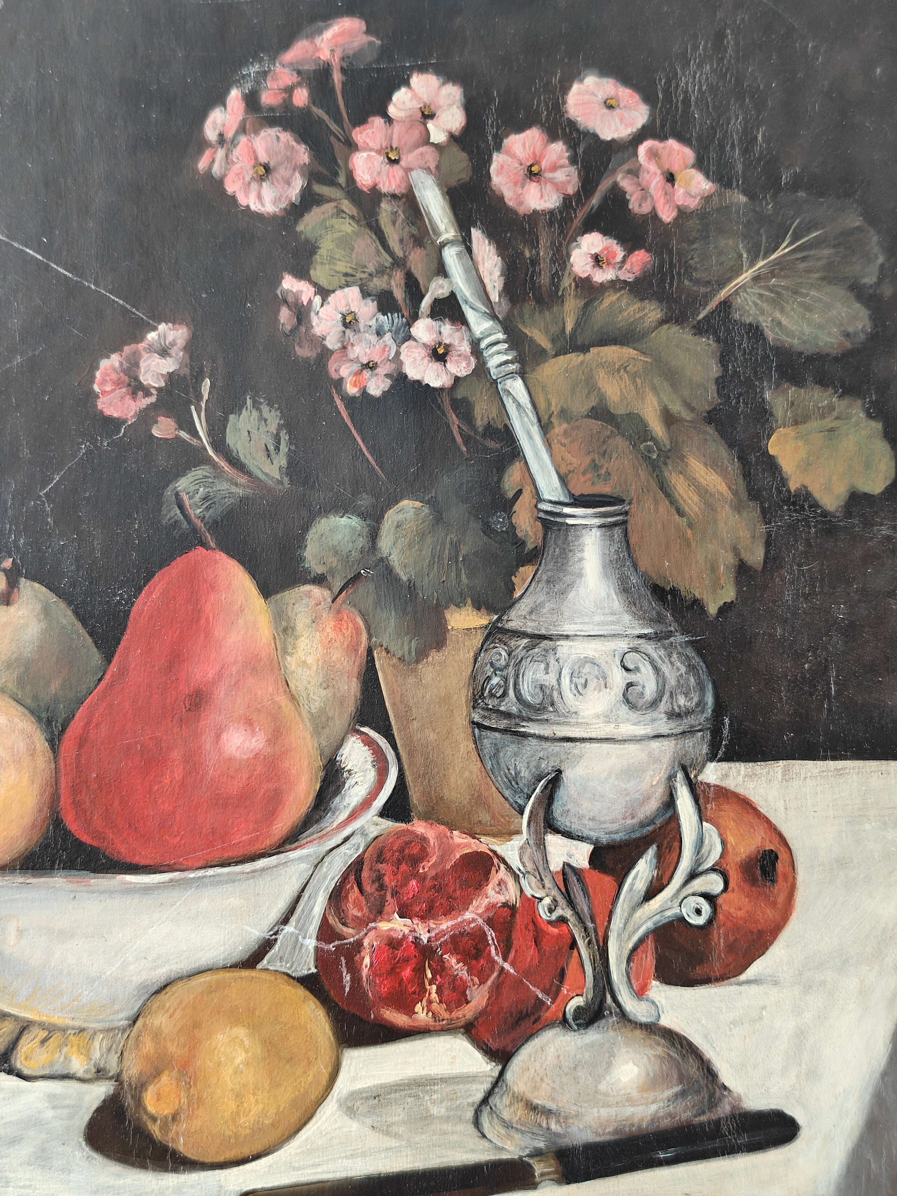 Still life painting with fruits, flowers, and a silver container on a dark background