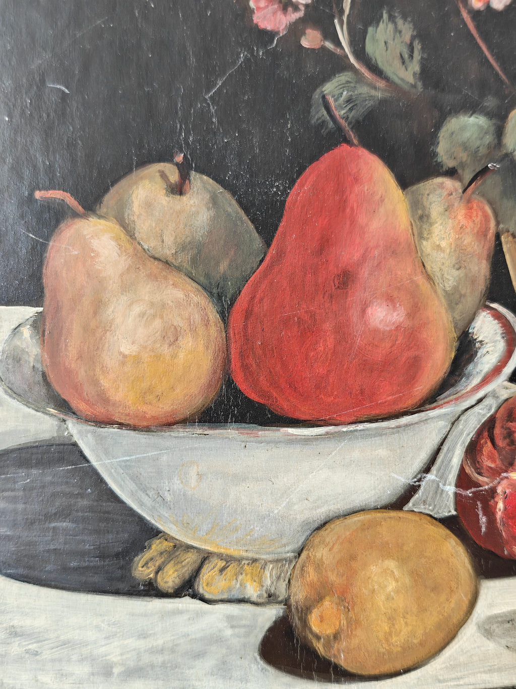 Still life painting of pears in a bowl on a dark background