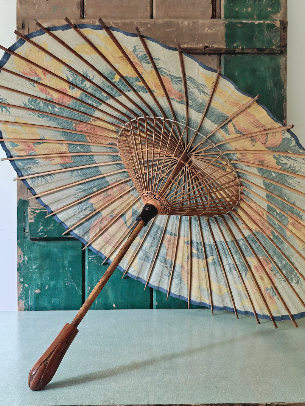 Underside of a decorative wood and paper Chinese parasol