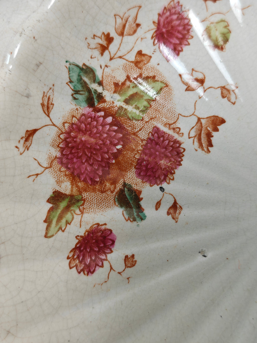 Close-up of a vintage ceramic plate or dish featuring a delicate floral pattern with pinkish-red flowers, green leaves, and brown stems on a warm off-white background.