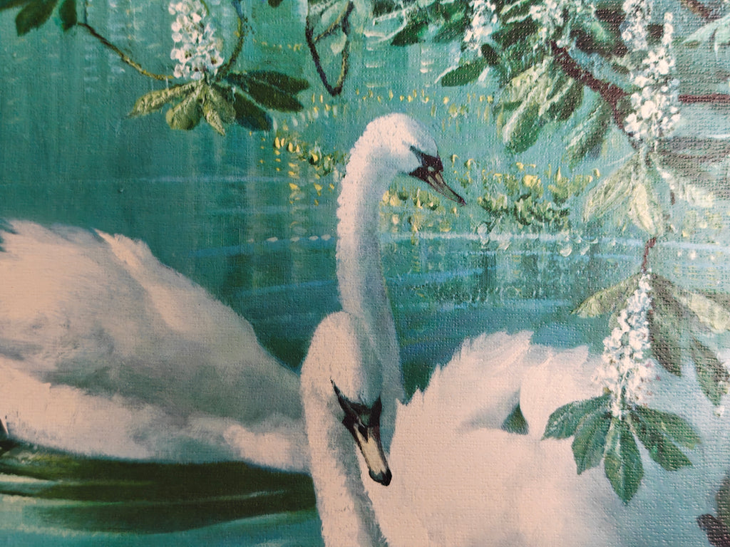A close-up of a painted scene showing two white swans in blue-green water beneath leafy branches with small white blossoms.