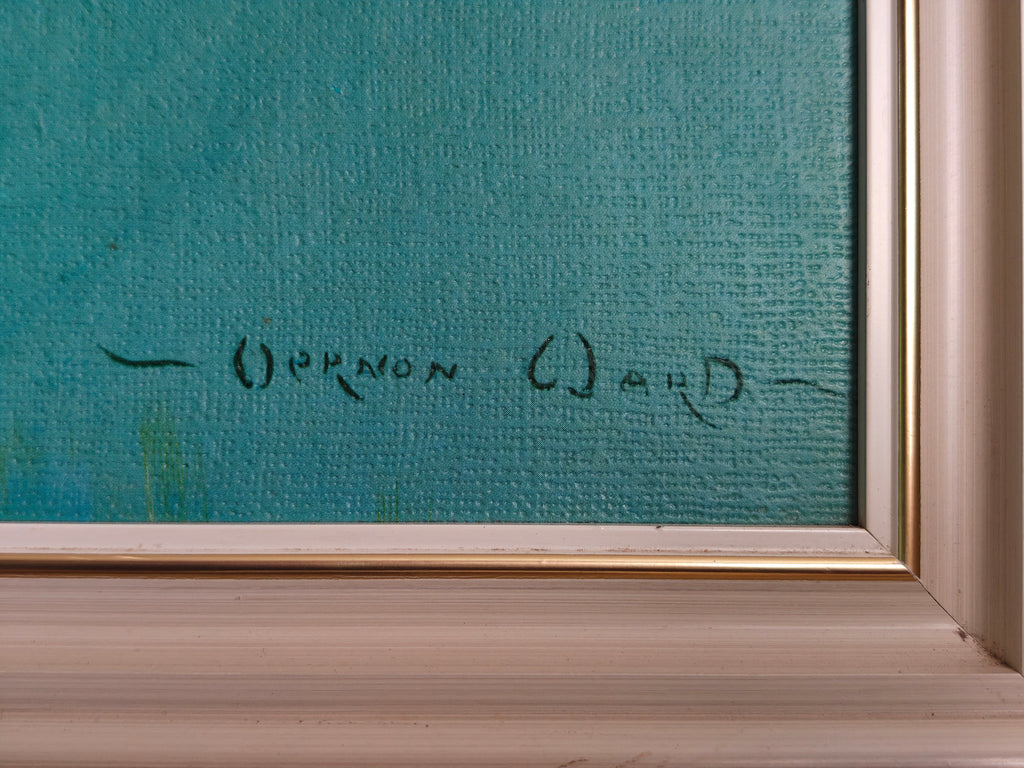 cClose-up pf the corner of a framed print showing the artists signature, Vernon Ward.