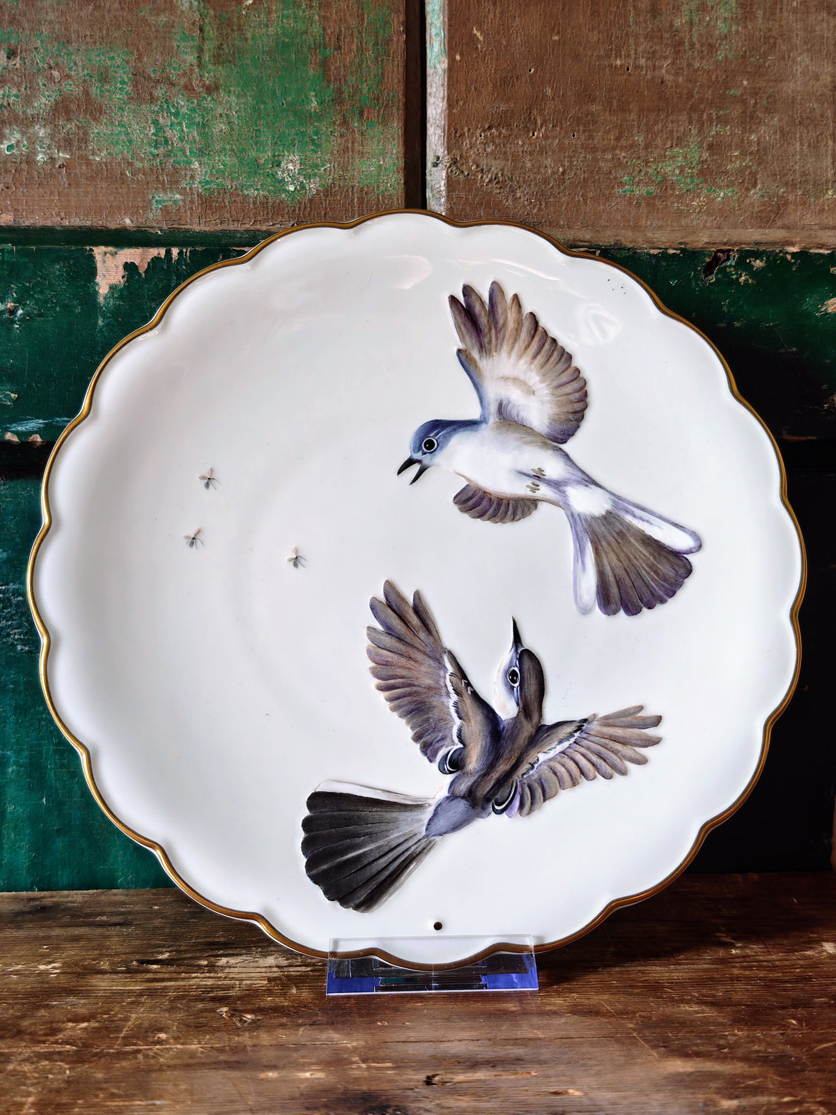 A white plate with scalloped edge and gold trim decorated with two birds in flight with grey, brown and white feathers.