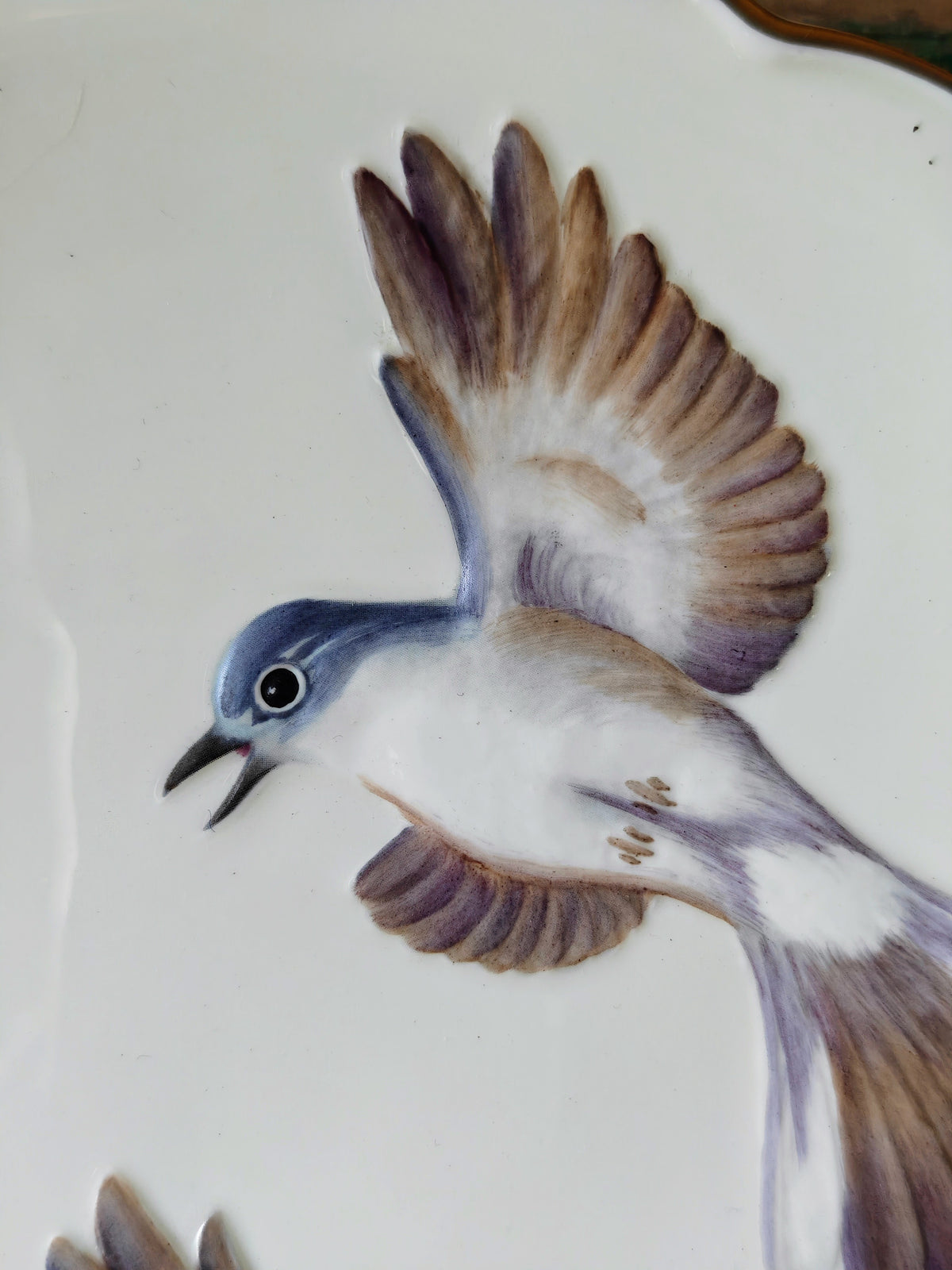 Close-up of a ceramic plate featuring a hand-painted flying bird with brown, white, and blue-gray feathers on a glossy white background.