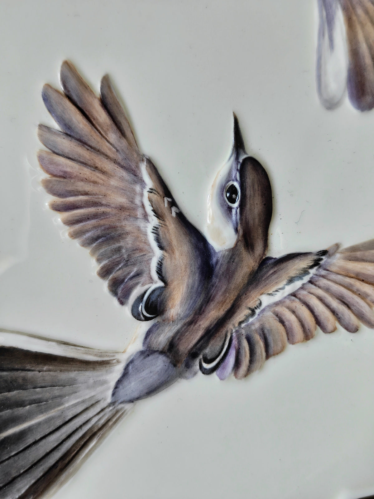 A close-up of a ceramic plate featuring a detailed painted bird in flight, with brown, gray, and white feather patterns against a white background.