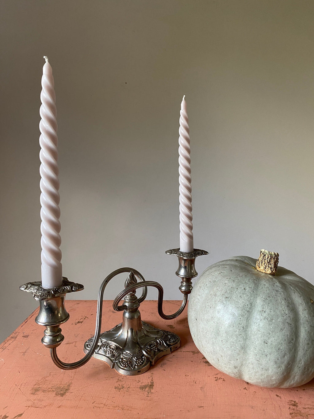 Vintage silver double candelabra with ornate square base