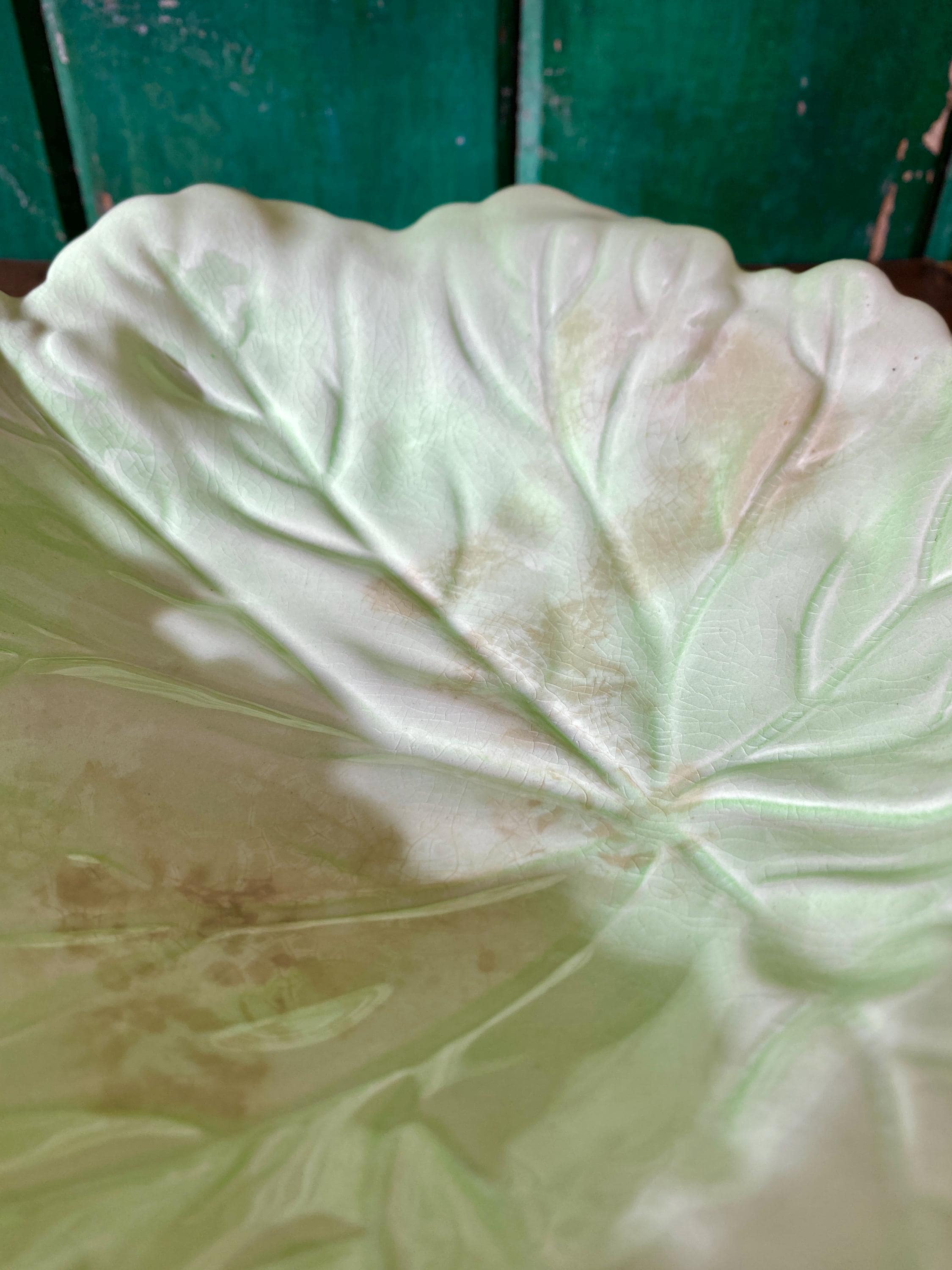 Close-up of a decorative ceramic leaf-shaped dish