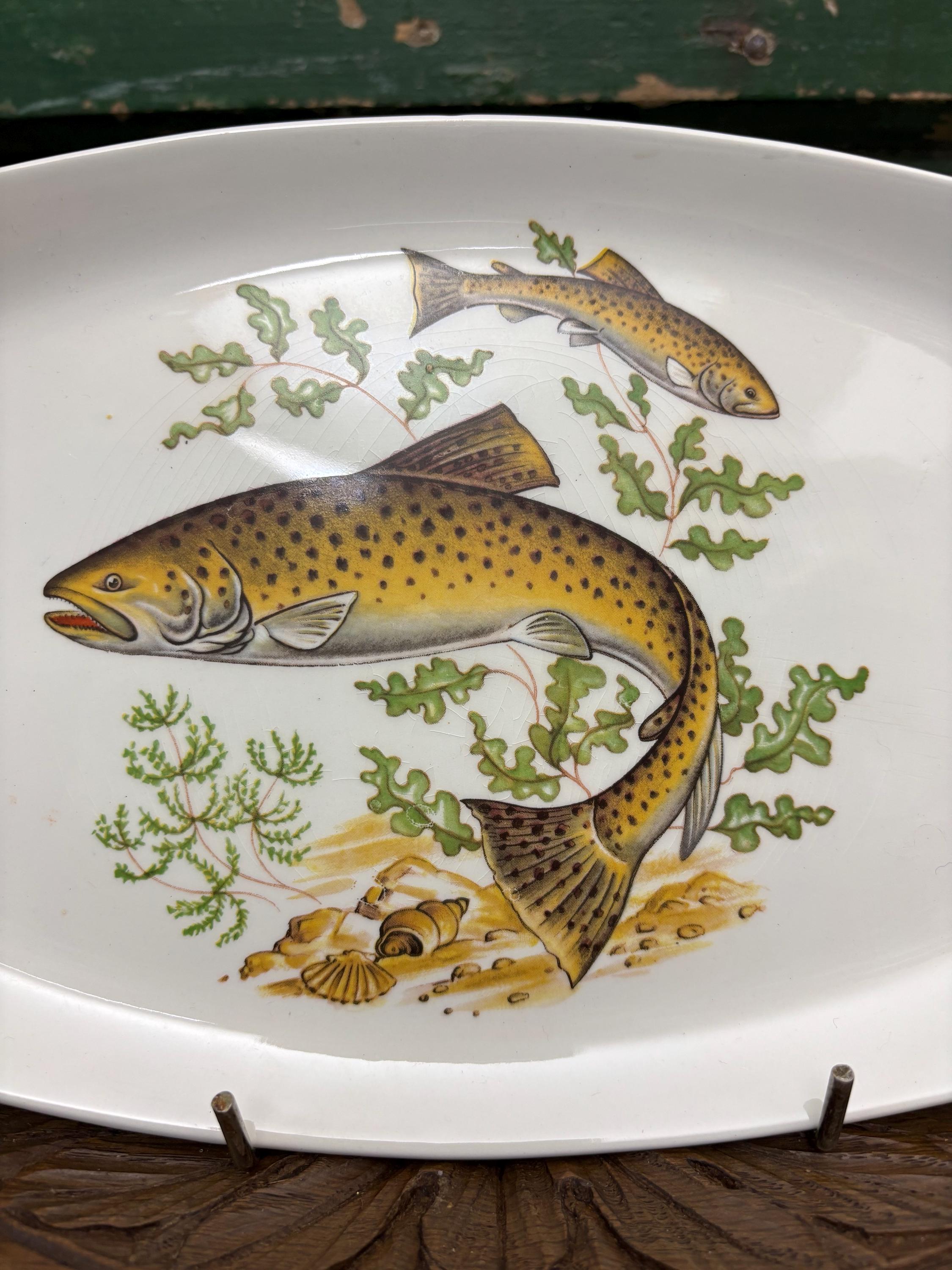 Detail of decorative ceramic platter with fish and seaweed design