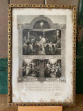 Framed vintage print with religious scenes and decorative border