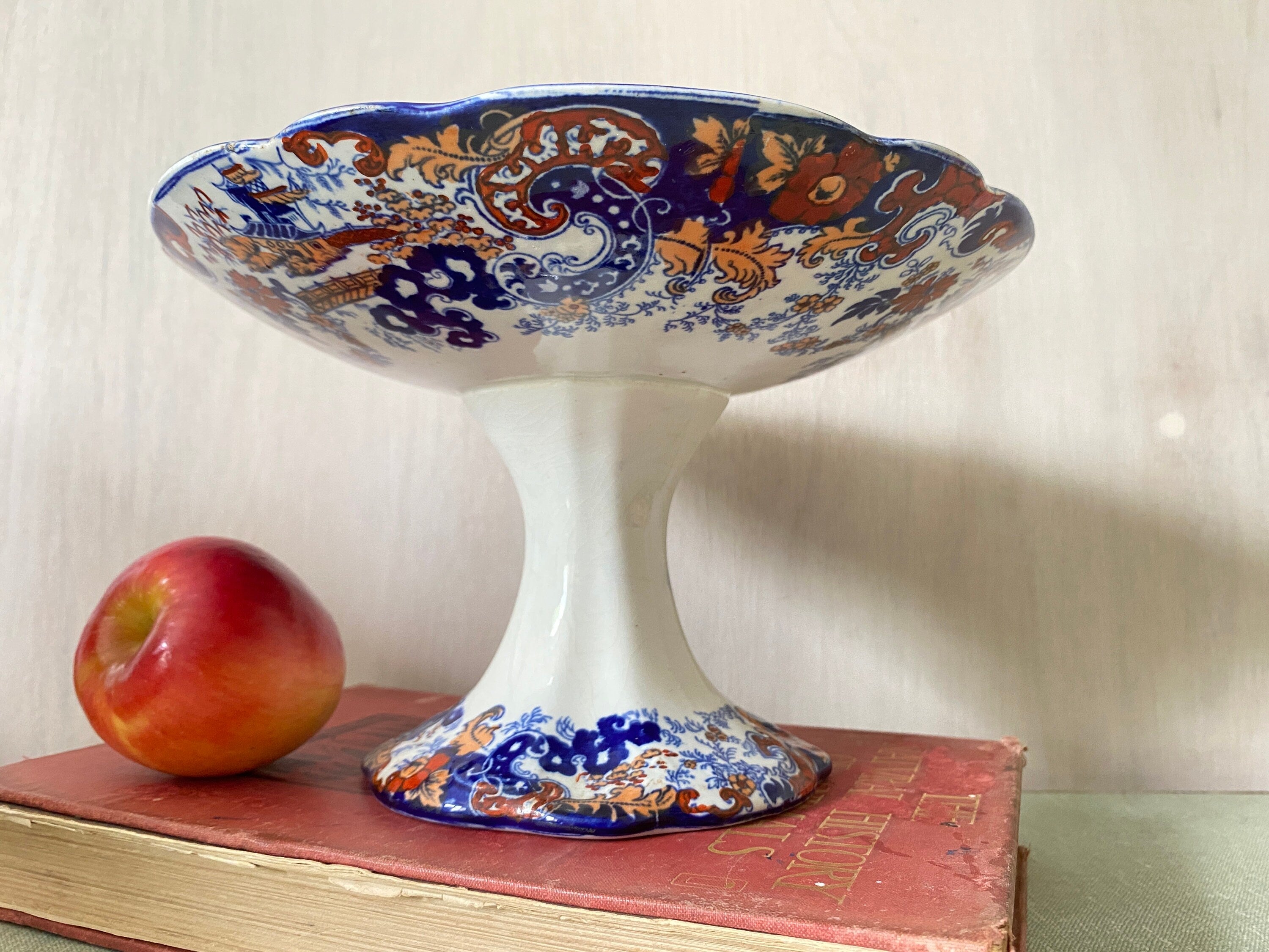 Decorative ceramic bowl with floral patterns on a pedestal