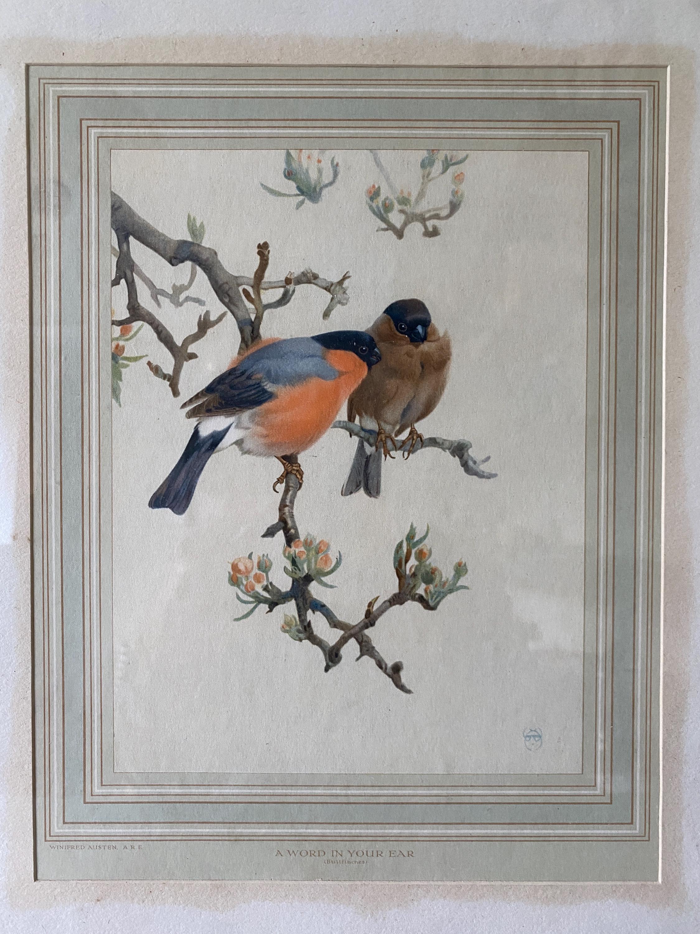 Framed artwork of two birds perched on a branch with floral details.