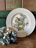 Decorative plate with bird and tree design and embossed leaf decoration
