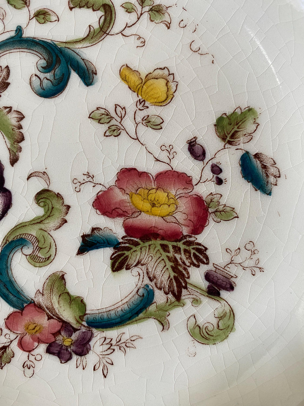 Close-up of decorative floral pattern with colorful flowers on a plate