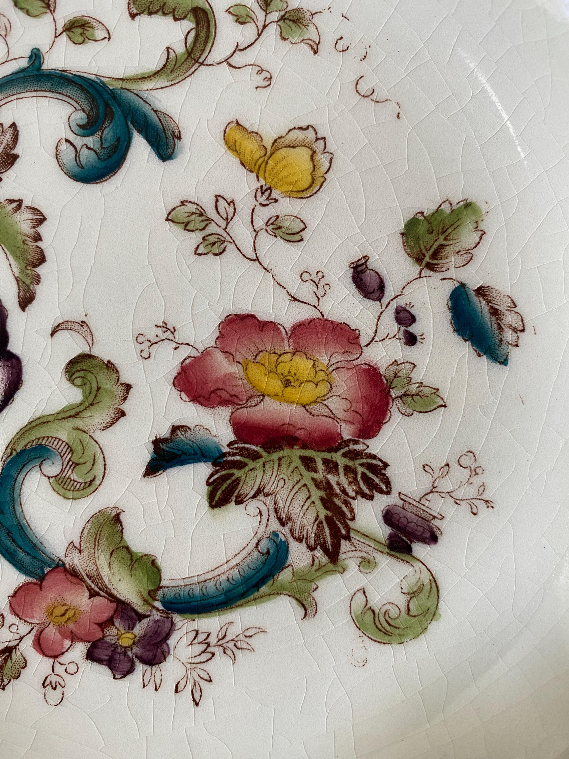 Close-up of decorative floral pattern with colorful flowers on a plate