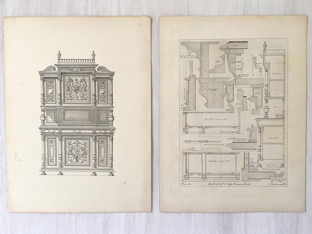 two antique lithograph prints of an ornate cabinet with technical drawings