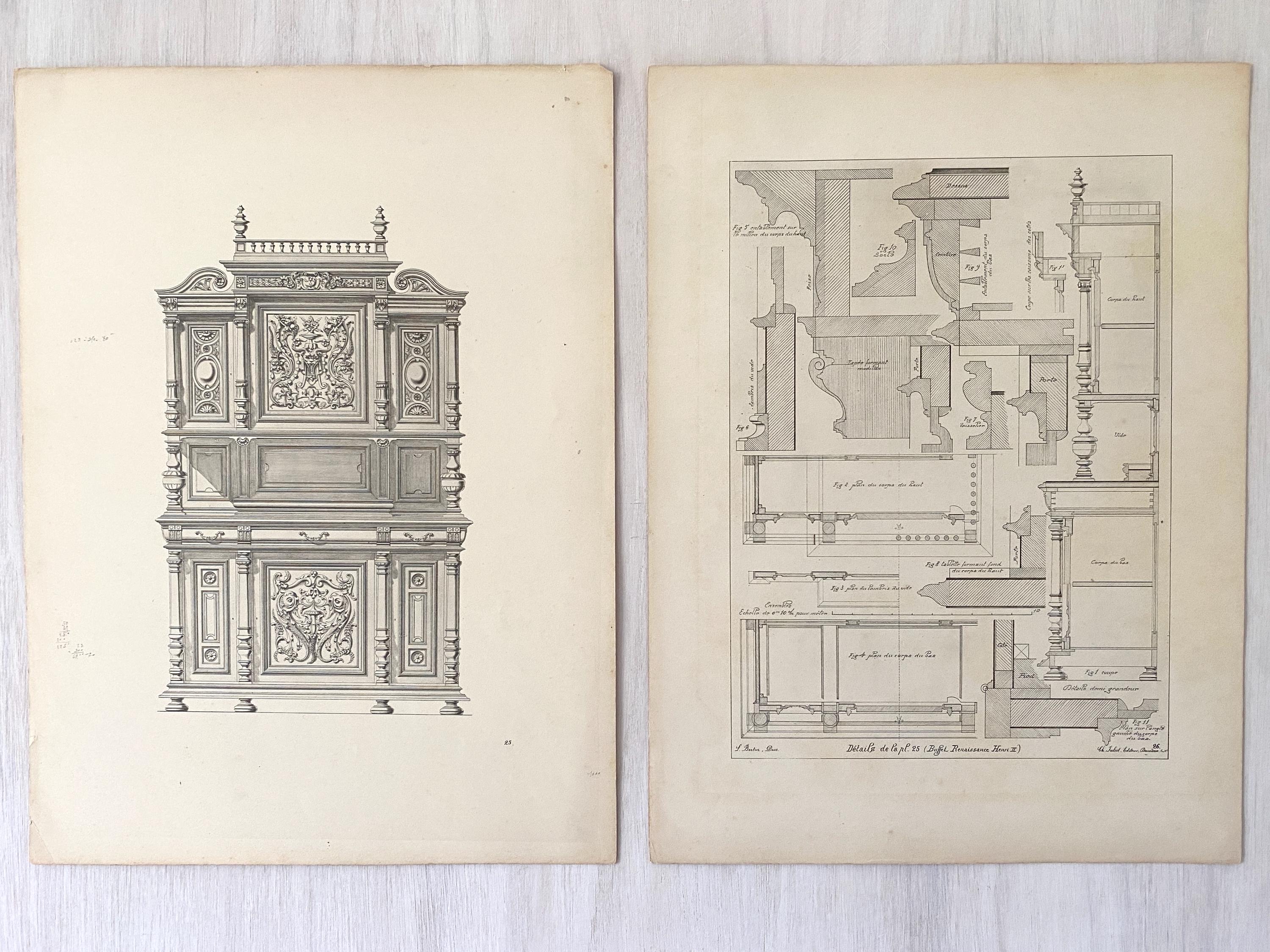 two antique lithograph prints of an ornate cabinet with technical drawings