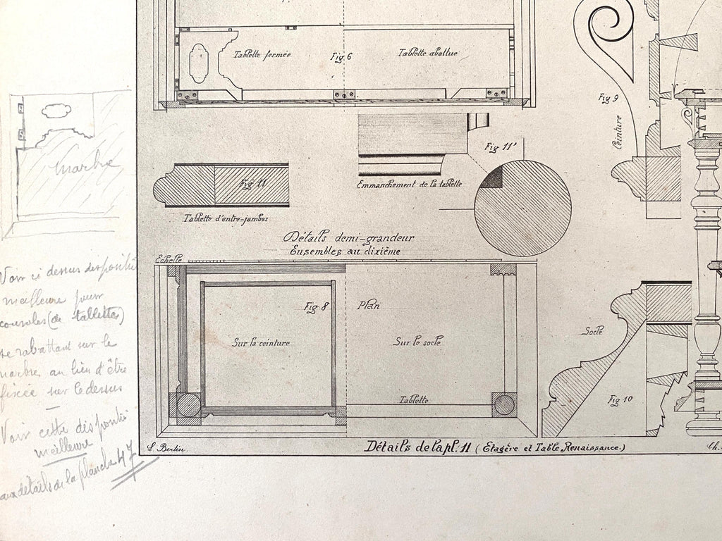Technical drawings showing details of a table construction with hand written annotations