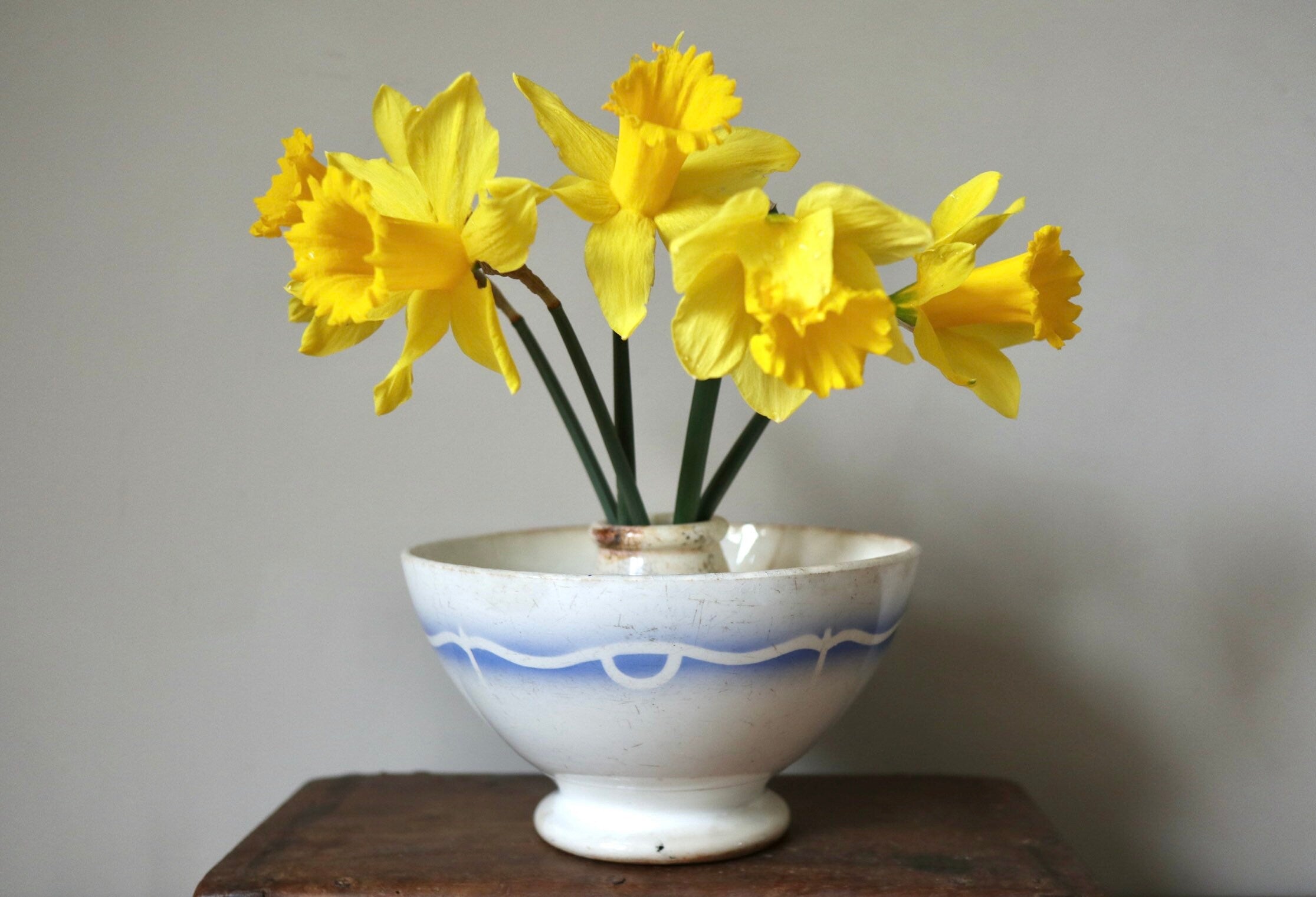 French Cafe au Lait Bowl: Blue Floral Vintage Bowl, Chippy Farmhouse Decor
