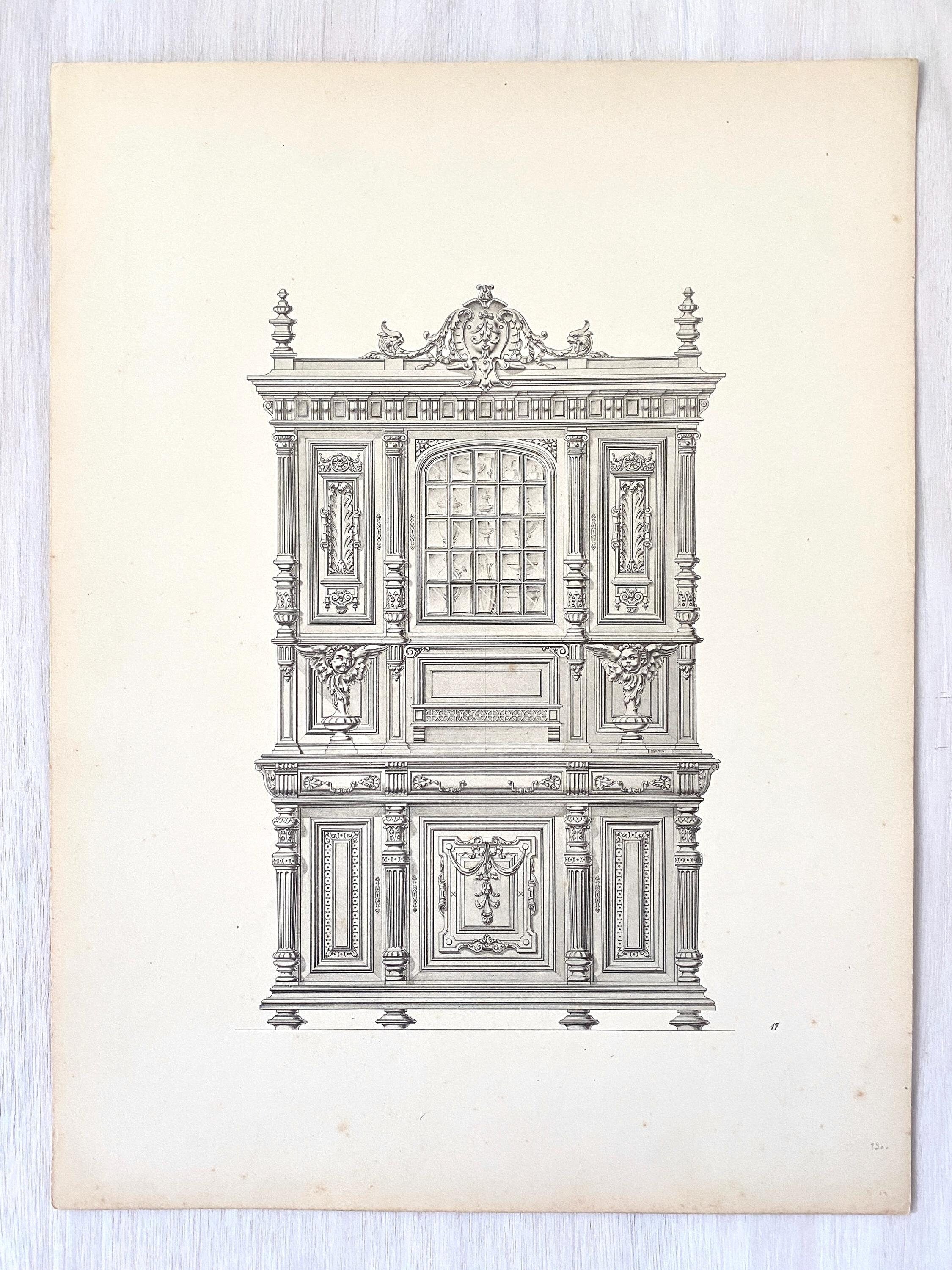 Antique lithograph illustration of an ornate cabinet