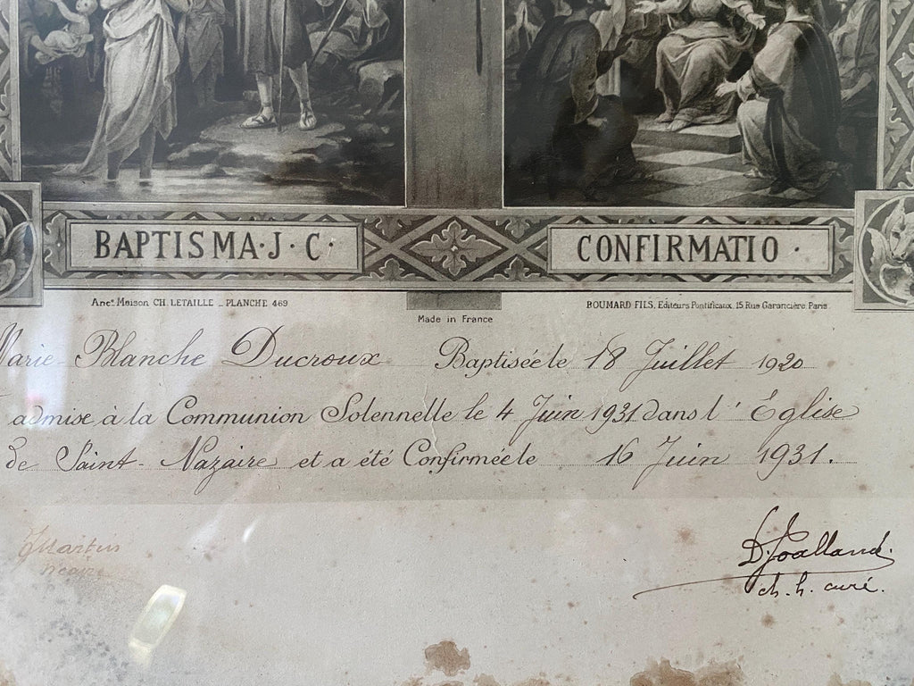 Framed French Religious Print: Early 20th Century Baptism Souvenir Art