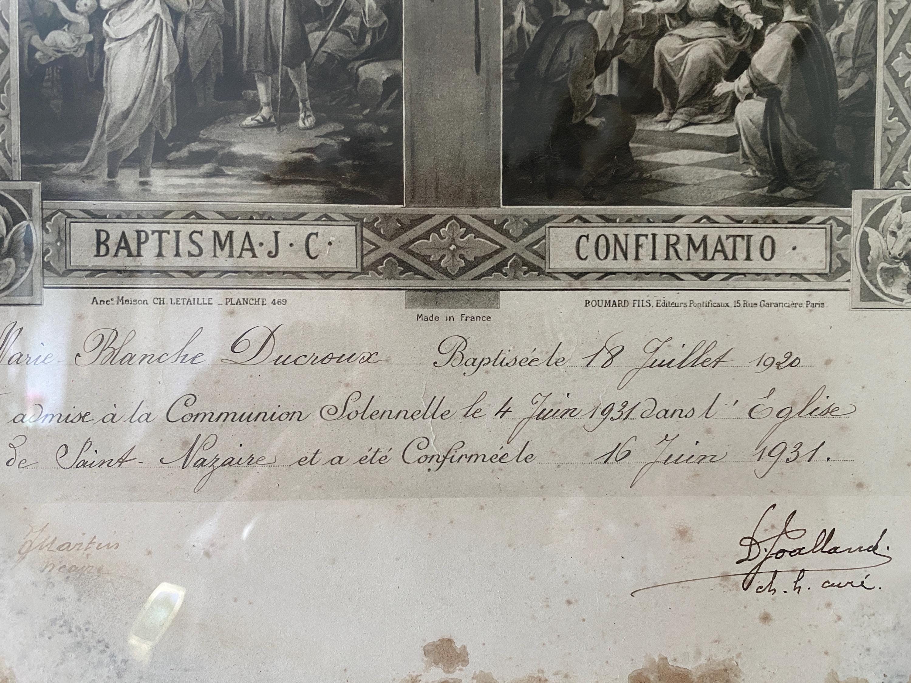 Framed French Religious Print: Early 20th Century Baptism Souvenir Art