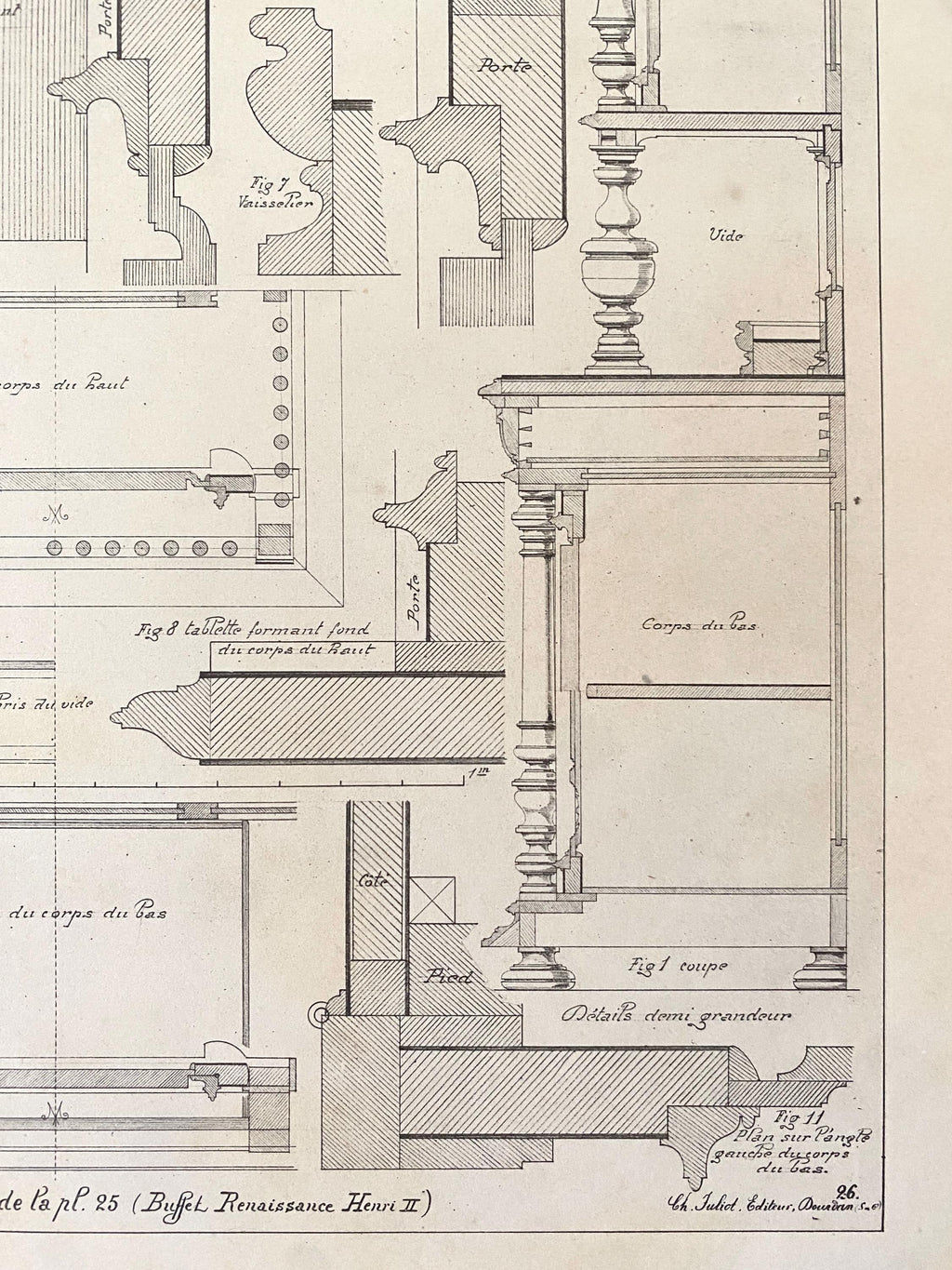 Technical drawings showing details of a cabinet construction with hand written annotations