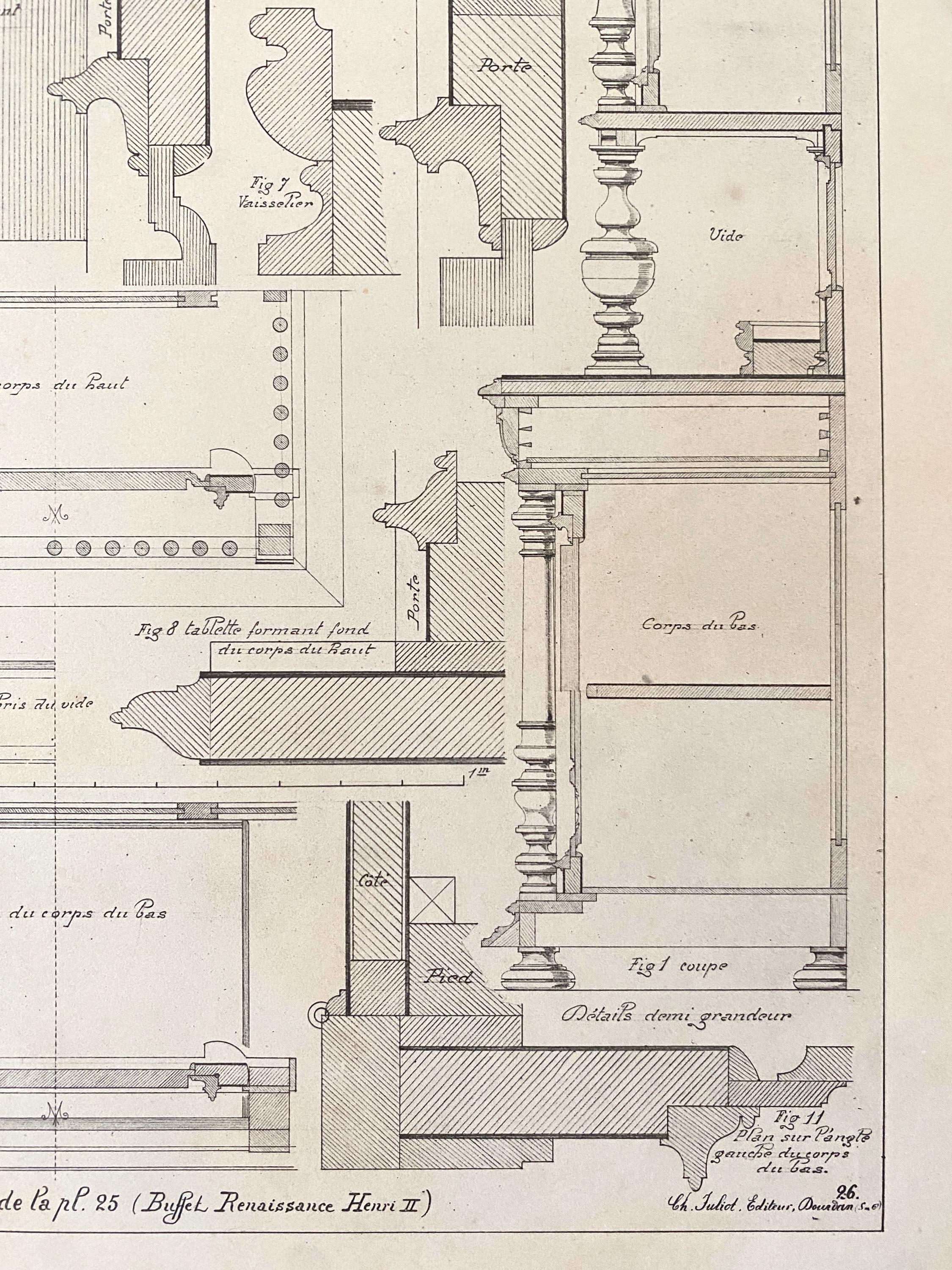 Technical drawings showing details of a cabinet construction with hand written annotations
