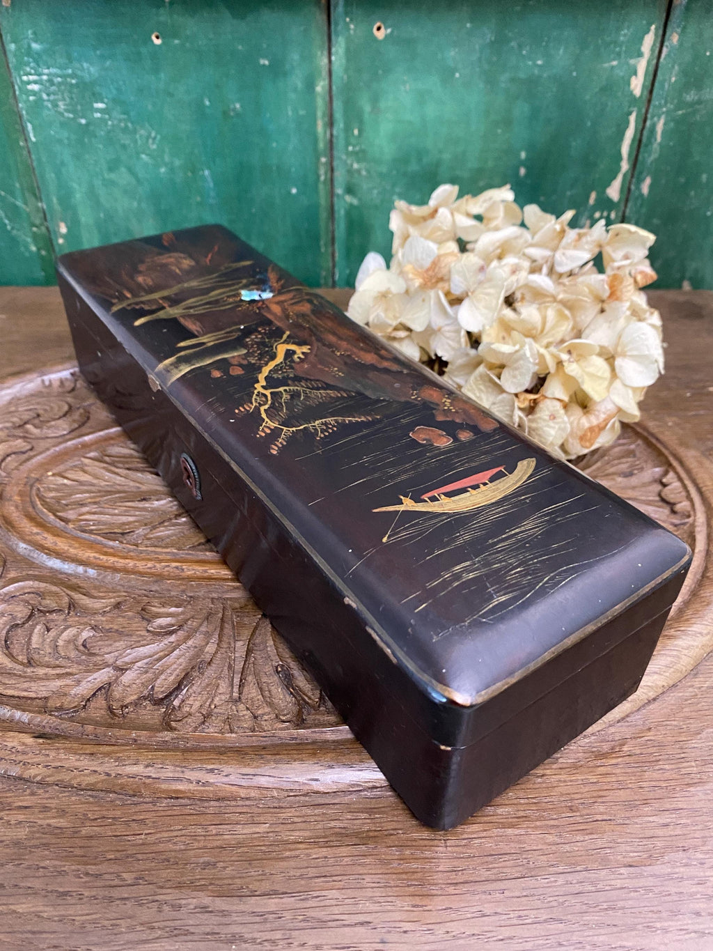 Decorative wooden box with oriental landscape picture