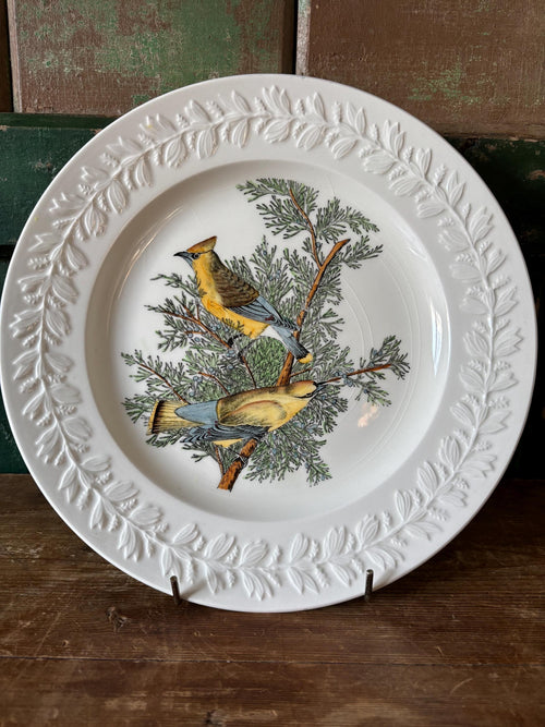 Decorative plate with bird and tree design and embossed leaf decoration