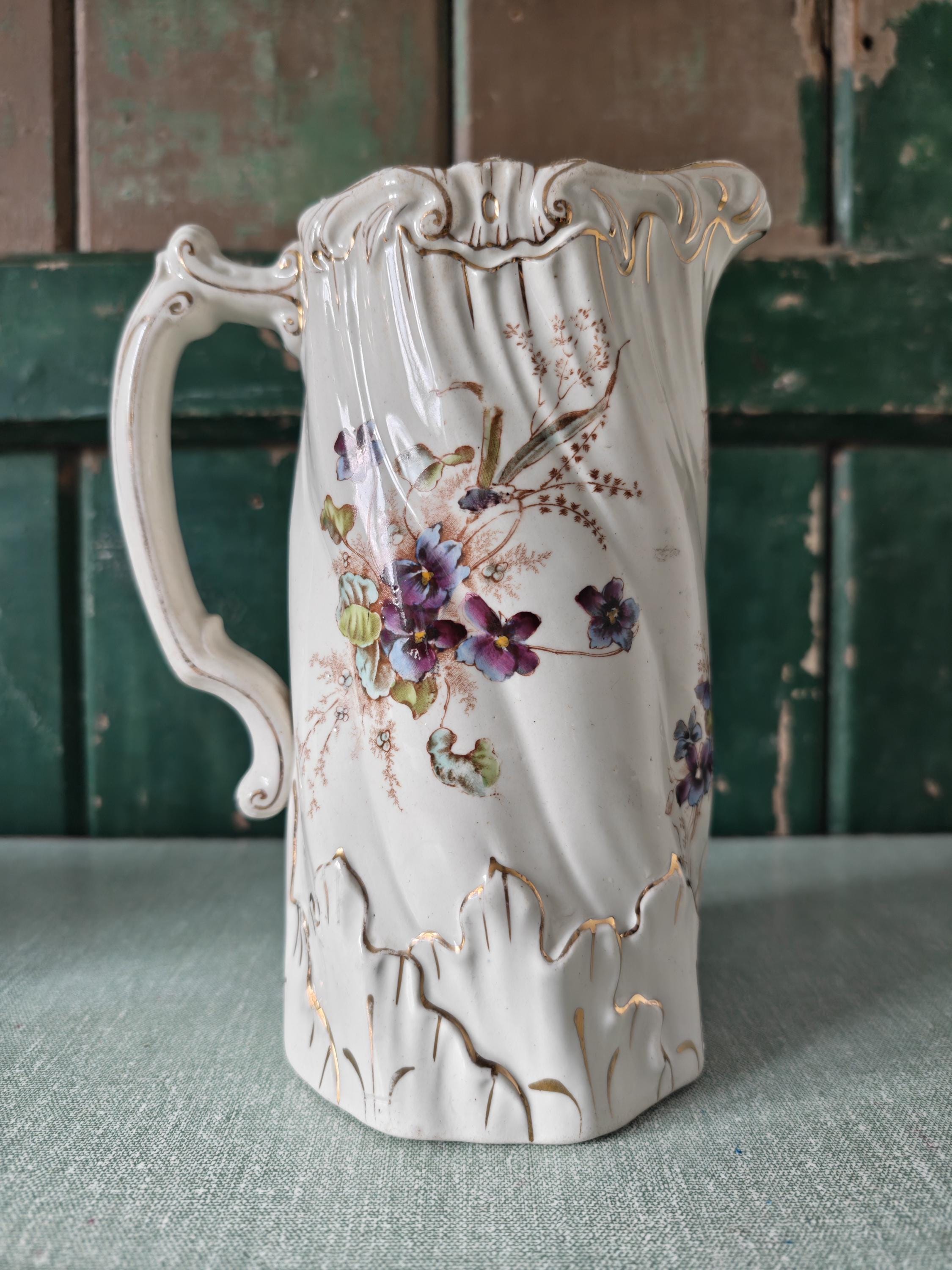 Vintage Floral Jug: White Gilded Jug