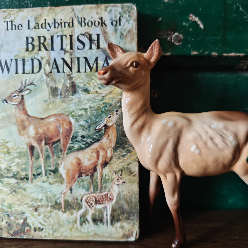 Deer figurine next to 'The Ladybird Book of British Wild Animals'