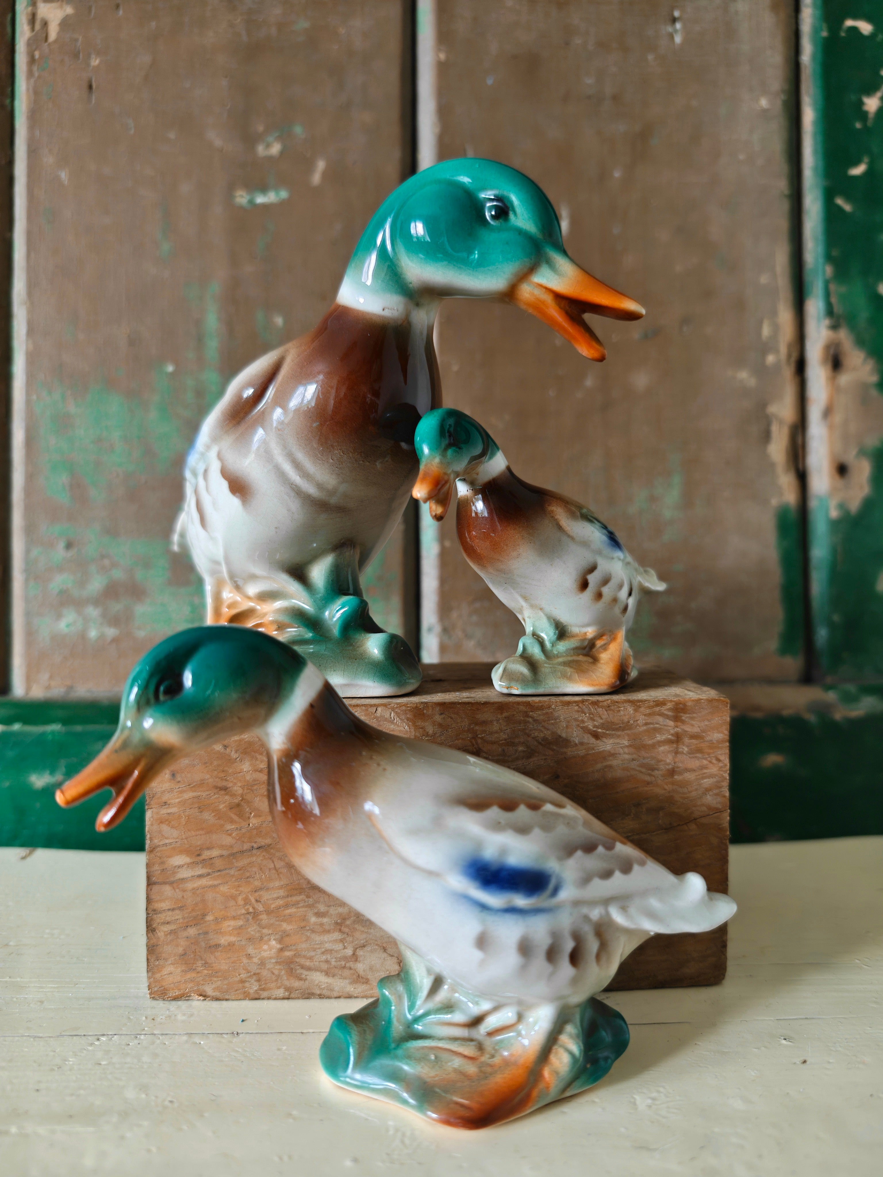 Three ceramic duck figurines in graduating sizes