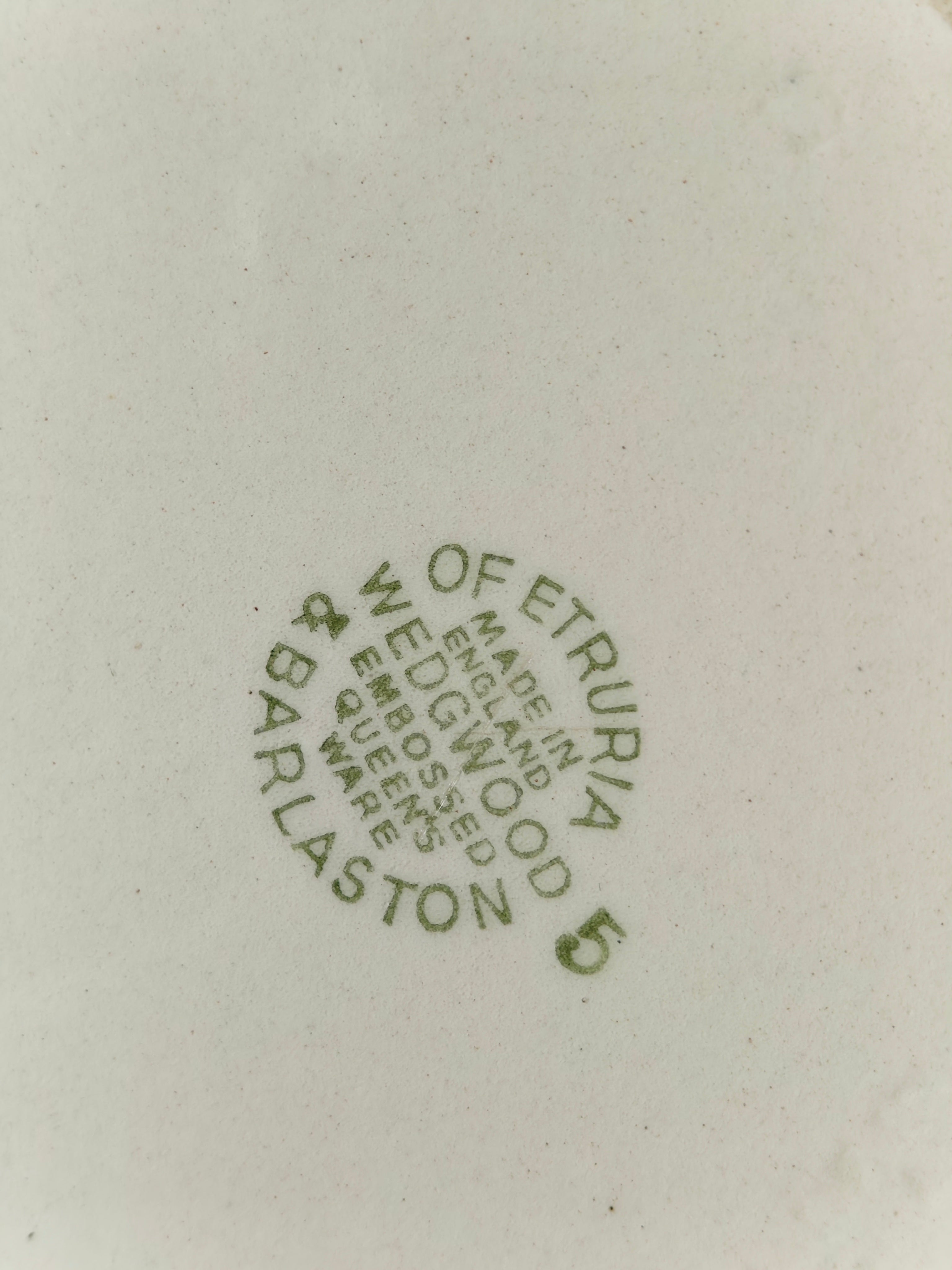 Green stamp on a white background with text 'WEDGWOOD ETRURIA GARLASTON 5'.